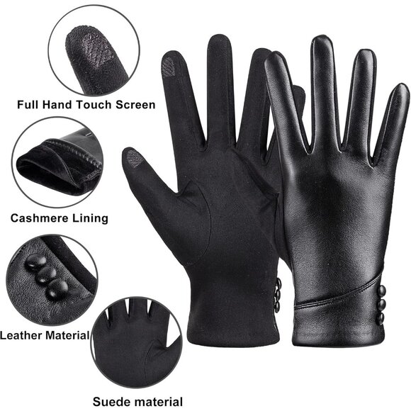 Women's Black Winter Leather Touch Screen Wool Lined Windproof Warm Dress Gloves - Picture 4 of 7
